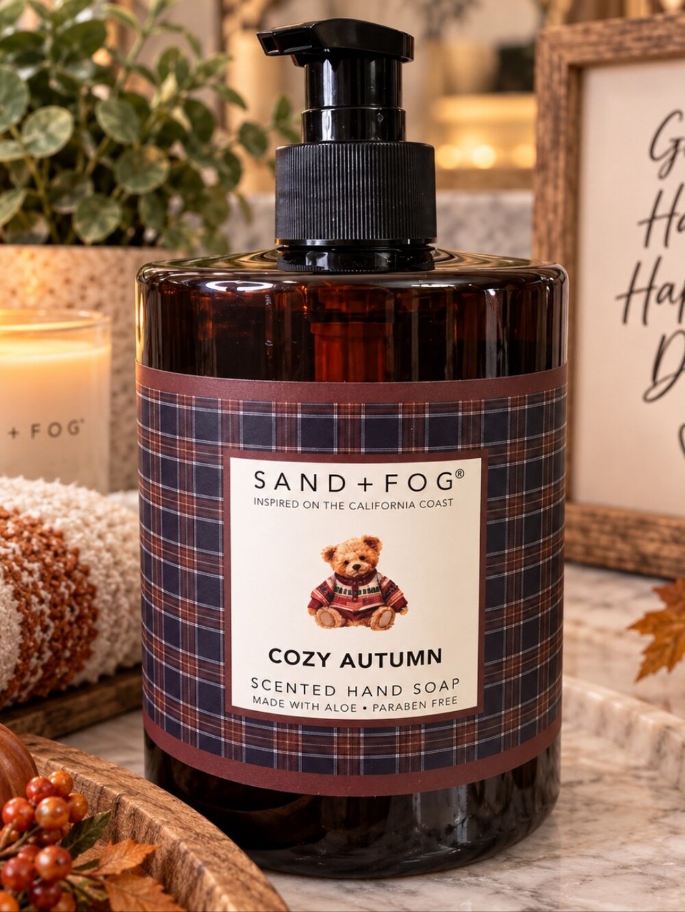 Sand + Fog Cozy Autumn Scented Hand Soap Teddy Bear Plaid Aloe Paraben Free